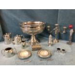 Miscellaneous silver plate including a large oval punch bowl, a pair of leaf engraved butterdishes