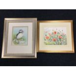 Ellaine Hush, watercolour, study of a puffin, signed, mounted & framed; and Joan Somner,