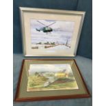 Mary Guy, pen & watercolour, study of a spitfire in flight, signed, mounted & framed; and AH