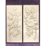 A pair of Victorian rectangular painted carved hardwood panels, with owl and raven on branches