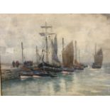 Victor Noble Rainbird, watercolour, boats tied up at quayside with figures, inscribed to label verso