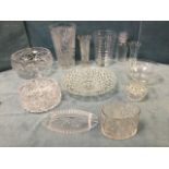 Miscellaneous glass vases and bowls including heavy bucket shaped cut pieces, Edinburgh crystal,