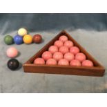 A complete set of full size snooker balls with mahogany triangle. (23)