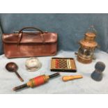 Miscellaneous collectors items including a leather case, a glass inkwell, a cased chess set, a