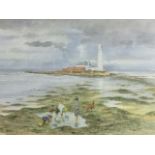 Chris Sparrow, watercolour, coastal view of St Marys Island with children rockpooling in foreground,