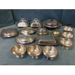 Miscellaneous silver plated tureens and serving dishes including a set of six Elkington bowls, two