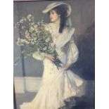 Sir John Lavery, olieograpic canvas print of belle epoch style young lady holding flowers, in gilt &
