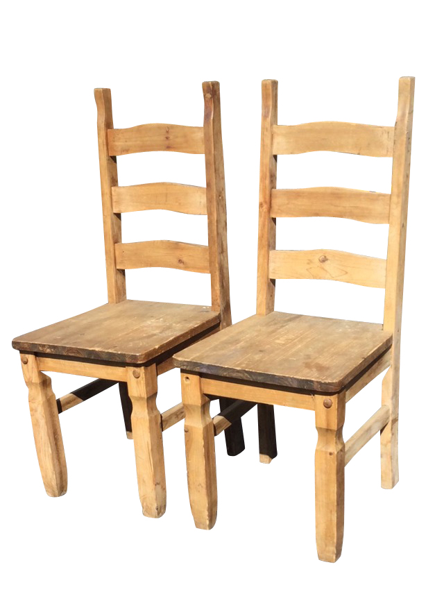 A pair of pine ladderback chairs with long plank seats on square shaped column legs joined by