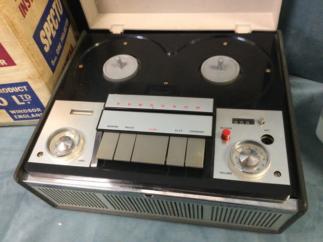 A large cast iron table guillotine with wood handles; a 60s Ferguson reel-to-reel tape recorder; and - Image 2 of 3