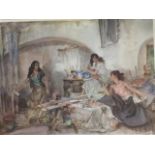 William Russell Flint, coloured print with three ladies in paintshop with oars, signed in pencil
