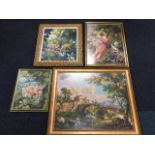 Four gilt framed woolwork tapestries - bucolic landscape with figure and bridge, lady on swing,