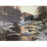 A large Joseph Farquharson print, winter river landscape, labelled to verso And Winters Breath