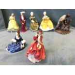 Four Royal Doulton figurines - Top o’ the Hill, Paula, The Last Waltz, and Rosalind; two Petite