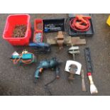 Miscellaneous tools and materials including vices, nails & screws, a socket set, a Black & Decker