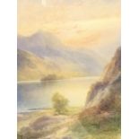 EA Stock (Krause), watercolour, sunset landscape over lake with single figure on rock, signed and