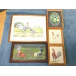 Robert E Mertens, pastel and watercolours, four of cockerels & hens, and one with posy of