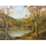 JS Marshall, oil on canvas, lake landscape with trees in foreground, signed & framed. (31.5in x 23.