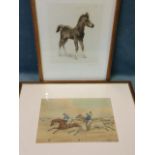 A coloured etching of a foal, signed in pencil on margin, oak framed; and a nineteenth century