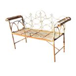 A rectangular wrought iron garden bench with scrolled metalwork to back above a slatted seat, the