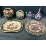 Miscellaneous oriental ceramics - two jars, a circular famile rose style dish, a jug with foliate