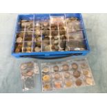 A collection of coins in partitioned case - copper, foreign, silver, GB, etc., all partially sorted.