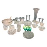 Miscellaneous glass including a large hobnail cut salad bowl & spoon with silver mounts, vases, sets
