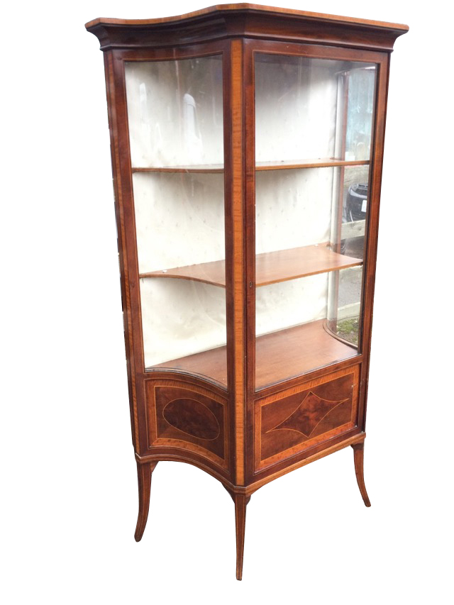 An Edwardian mahogany vitrine by Maple & Co, the satinwood crossbanded cabinet with concave glass