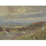 Tom Carr, watercolour, hounds crossing road in open country, titled Milvain Hunt near Beanley,
