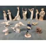 Ten pieces of Lladro porcelain - children, ducks, musicians - some damage; a Royal Dux blanc-de-