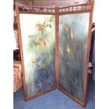 A late Victorian oil on canvas in stained pine two-fold screen frame surmounted by gallery spindles,