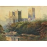 Victorian watercolour, landscape view of Durham from across the river, with houses by riverside,