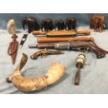 Miscellaneous collectors items including a truncheon with leather thong, a rams horn, carved