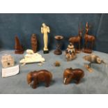 Miscellaneous carved & moulded animals - horn, carved wood, a tribal type candlestick, a South