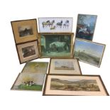 Miscellaneous framed prints - a set of four Vernon Ward bird prints, horses, hunting, a signed Peter