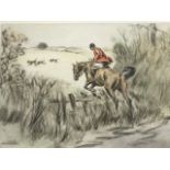 Henry Wilkinson, coloured etching, huntsman over fence with hounds in distant field, signed and