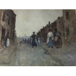 AG Hood, late nineteenth century pencil & watercolour, figures in street, signed, mounted &