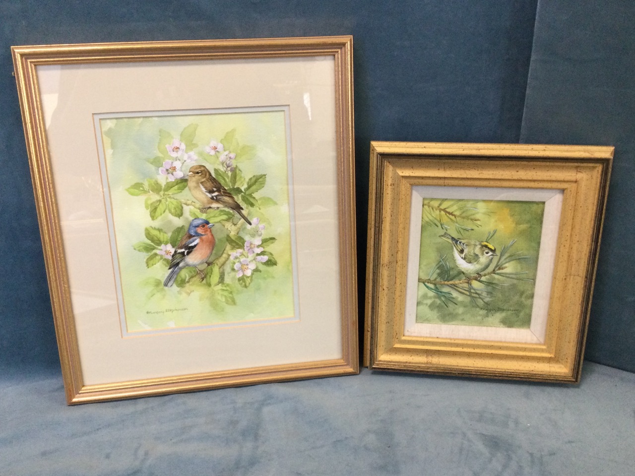Margery Stephenson, watercolour, study of chaffinches and apple blossom, signed, mounted & framed;