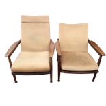 A pair of lady & gentleman 60s armchairs with adjustable reclining seats and loose cushions,