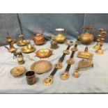 Miscellaneous copper & brass including kettles, horse brasses on leather, candlights with