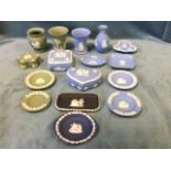 A collection of Wedwood jasperware - vases, trinket pots & covers, a cigarette box, ashtrays,