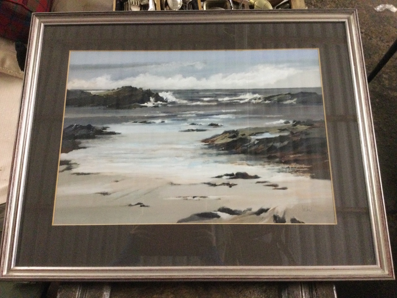 Walker, gouache, coastal view looking out to sea, label to verso Portnaven Bay Islay, signed in - Bild 3 aus 3