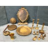 Miscellaneous brass including a gong with lion mask wall mount, a foliate scrolled dressing table