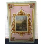 A Victorian rectangular painted acid etched glass door panel with central river landscape scene