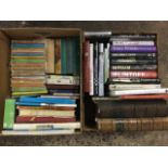 Two boxes of books including 38 Ladybird childrens, sporting volumes, childrens books, two leather