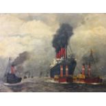 Frank Bell, oil on canvas, marine study of shipping titled Mauritania Leaving Tyne on Maiden Voyage,