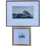 A dry point etching of Bamburgh Castle by Leonard Russell Squirrel, signed, mounted and framed;