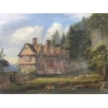 J Burrow, nineteenth century oil on canvas, old timbered building with old lady on path and sheep on