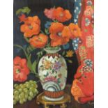 Nicola Rutherford, oil on canvas, still life with Chinese vase, poppies, grapes and cloth, signed,