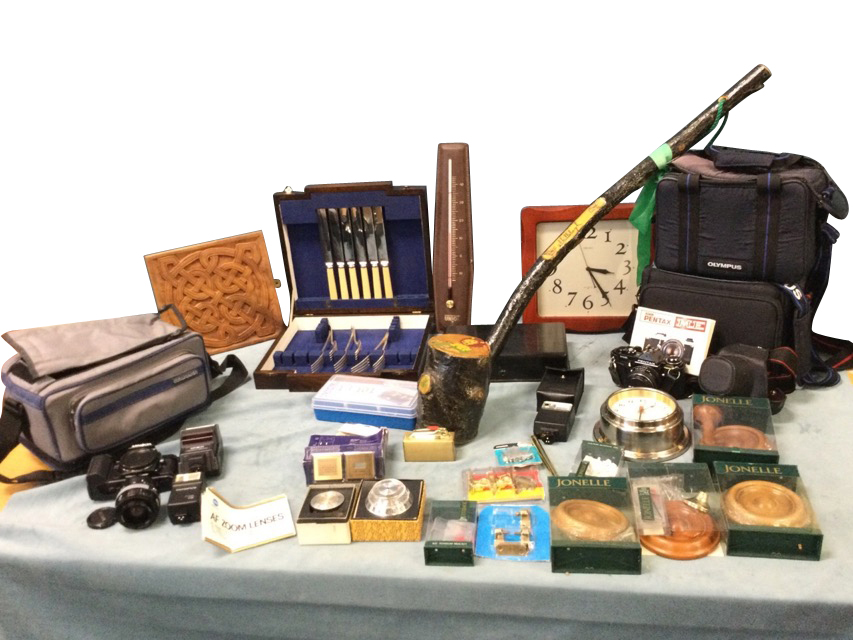 Miscellaneous items including an Irish shillelagh, a cased Pentax camera with lenses, boxes, a