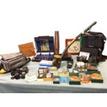 Miscellaneous items including an Irish shillelagh, a cased Pentax camera with lenses, boxes, a